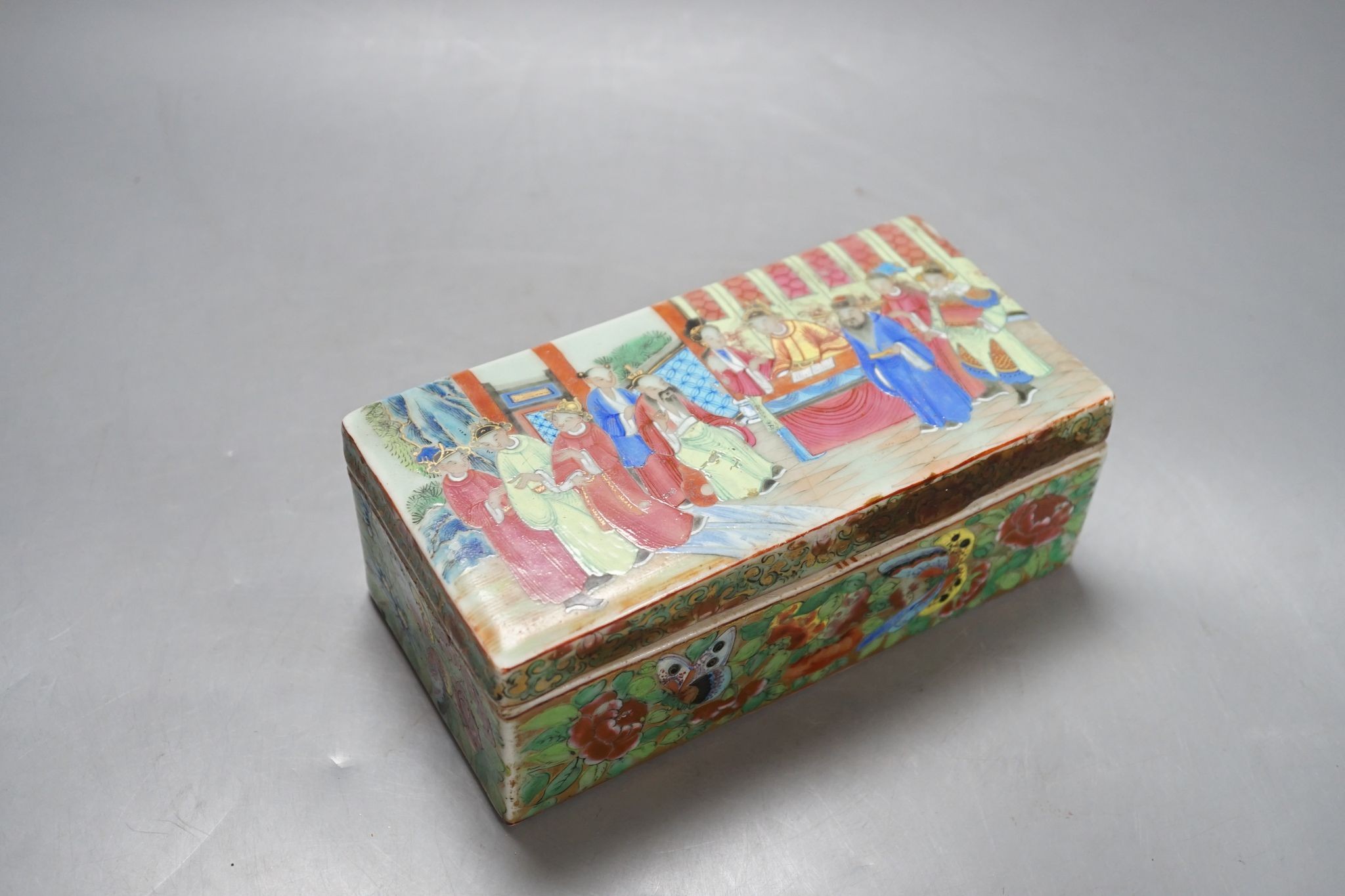 A Canton famille rose pen box, restored, 19cm